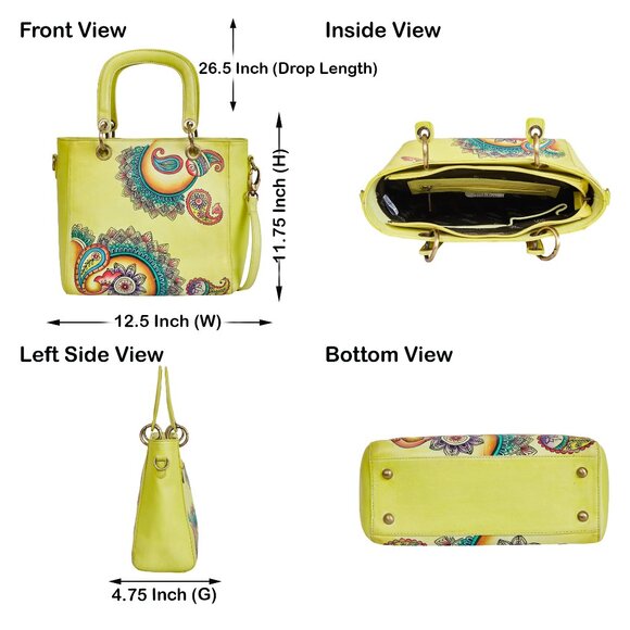 Yellow Top Handle Handbag for Ladies, Hand painted Leather Crossbody Bag, Purse - Picture 2 of 9